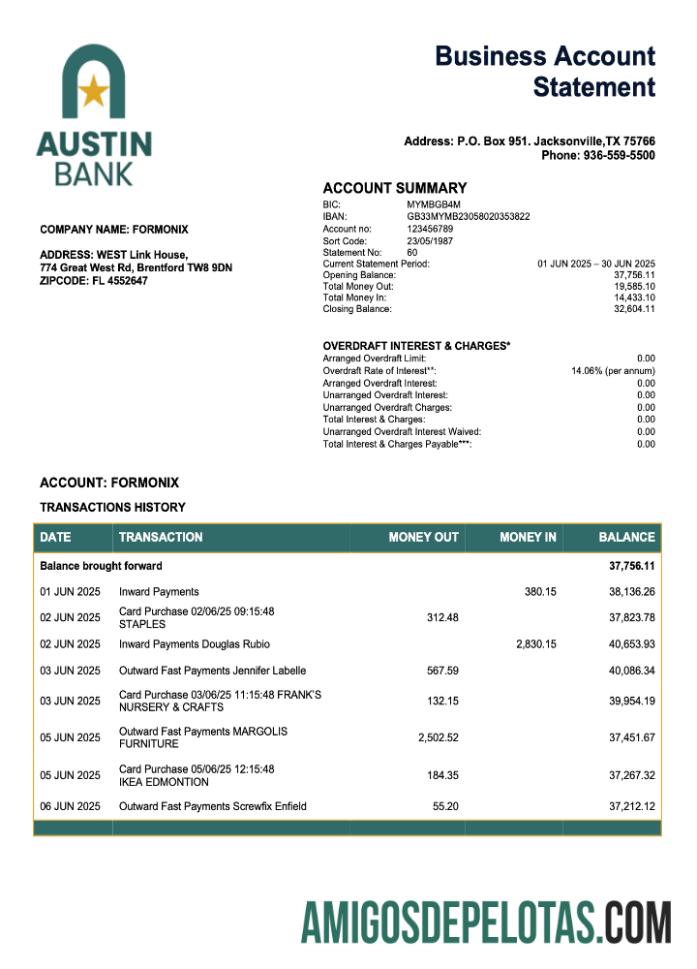 Em branco USA Austin Firm modelo de extrato de conta Word e PDF